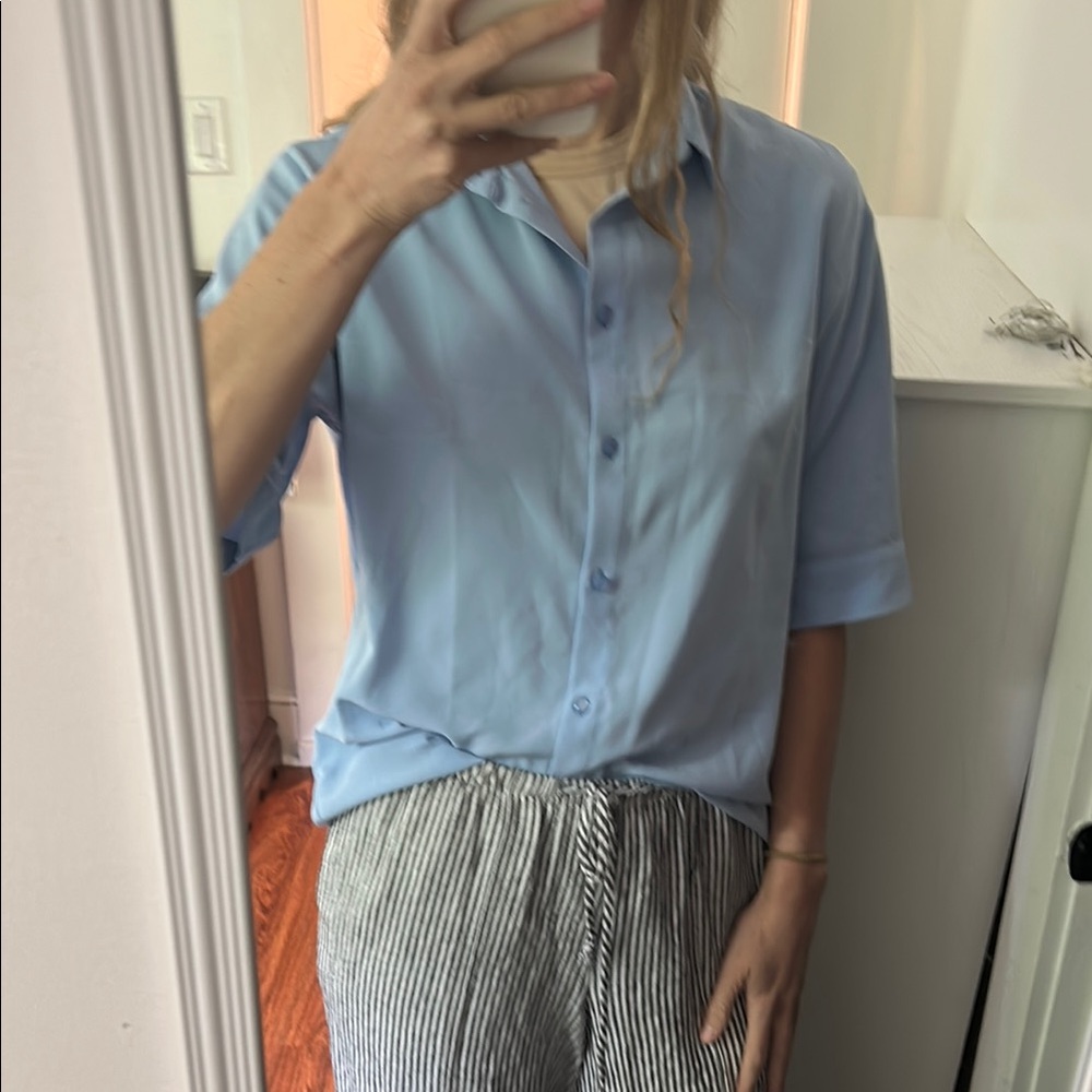Monki baby blue button down shirt